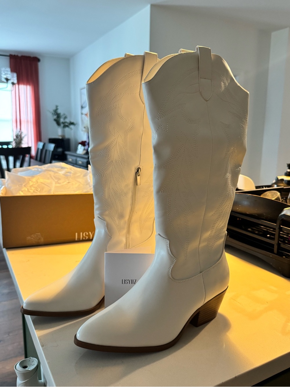 White Women's Western Knee-High Boots - Stylish Cowboy Block Heel